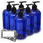 Baire Bottles -16 Ounces Blue Plastic Refillable Bottles with Black Lotion Pumps - Organize Soap, Shampoo and Lotion - PET, Lightweight, No BPA, 6 Pack, including 6 Damask Labels