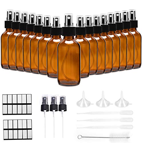 2oz Amber Glass Spray Bottles,DREAM ARK 16 Pack Empty Refillable Small Fine Mist Spray Bottle for Essential Oils, Beauty Products, Perfume, Homemade Cleaners,Makeup Tools and Aromatherapy