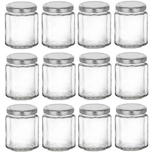 Nakpunar 12 pcs 9 oz Beveled Glass Jars with Silver Lids for Jam, Honey, Wedding Favors, Shower Favors, Baby Foods, DIY Magnetic Spice Jars (9 oz, Silver)