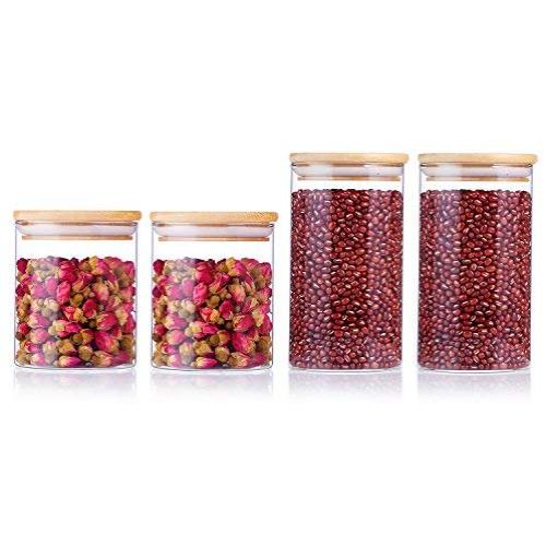 UOON Food Storage Container, Airtight Glass Storage Jars with Bamboo Lid for Pasta, Tea, Coffee, Cookies, Snacks, Set of 4