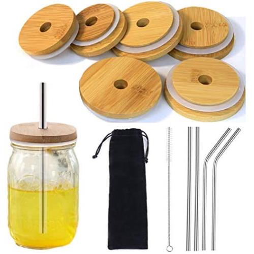 6er Set Bambus-Deckel mit Strohlöcher, Wiederverwendbar für Mason Jar, Kompatibel mit Glasbehälter, mit 4 PCS Edelstahl Strohhalme, Reinigungsbürste und Beutel zum Trinken