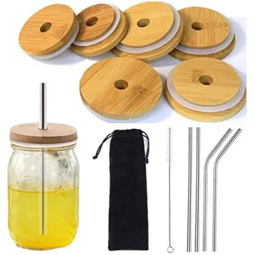 6 PCS Jar Lids with Straw Hole, Reusable Regular Mouth Bamboo Jar Lids Compatible with Mason Jar, with 4 PCS Stainless Steel Straw, Cleaning Brush and Bag for Drinking