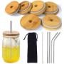 6er Set Bambus-Deckel mit Strohlöcher, Wiederverwendbar für Mason Jar, Kompatibel mit Glasbehälter, mit 4 PCS Edelstahl Strohhalme, Reinigungsbürste und Beutel zum Trinken