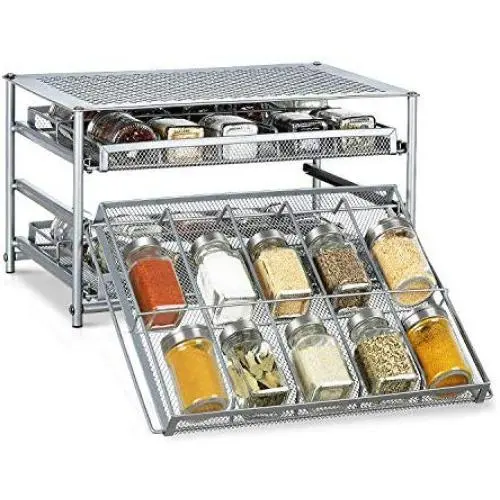 Schubladen-Organizer für Gewürzregale, Ausziehbare Gewürzschublade für Küche, Lagerregal, Make-up, Nagellack, Medikamente, Silber – Geeignet für 30-60 Glasflaschen