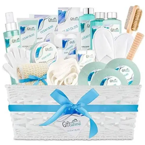 Ocean Bliss Extra Large Spa Bath Gift Basket,Great Christmas Gift, Includes 3 Bath Bombs, Shower Gel, Bubble Bath, Lotion, Scrub, Pumice Brush, Glass Candle, Slippers, Massage Stick & 5 More Items Ocean Bliss Extra Large Spa Bath Gift Basket,Great Christmas Gift, Includes 3 Bath Bombs, Shower Gel, Bubble Bath, Lotion, Scrub, Pumice Brush, Glass Candle, Slippers, Massage Stick & 5 More Items