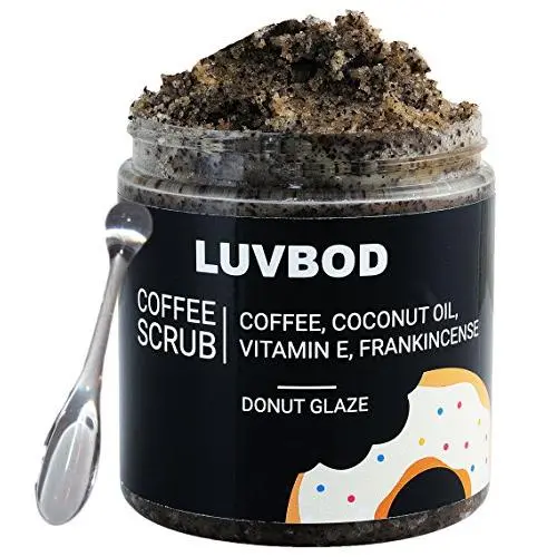 LUVBOD Luxus Kaffepebbel – Donutglasur – mit Scoop – 12oz – Bester Arabica Kaffepebbel zur Exfoliation für Cellulite, Akne, Stretchmarks, Ekzeme. Kokosöl, Vitamin E, Frankincense