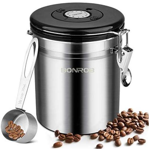 KINCREA Coffee Canister, Airtight Coffee Container with Scoop, CO2 Vent Valve and Date Tracker Wheel,Large Stainless Steel Container Keep Beans and Ground Coffee Fresh Longer