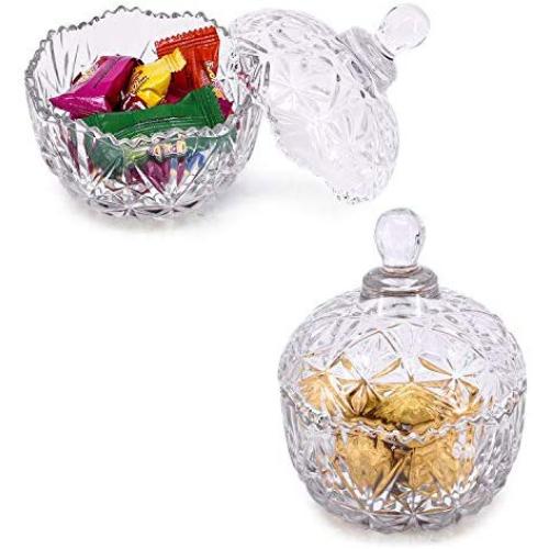 Glass Jar Embossed Candy Bowl with Lid, Crystal Lid Storage Tank, for Wedding Promotion, Set of 2 (Diameter: 4.2 Inches)