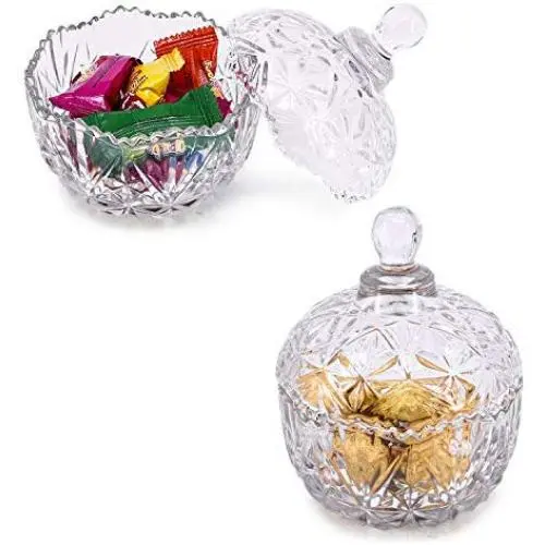 Glass Jar Embossed Candy Bowl with Lid, Crystal Lid Storage Tank, for Wedding Promotion, Set of 2 (Diameter: 4.2 Inches) Glass Jar Embossed Candy Bowl with Lid, Crystal Lid Storage Tank, for Wedding Promotion, Set of 2 (Diameter: 4.2 Inches)