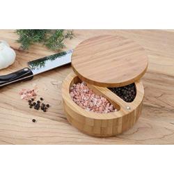 Lilys Home 2-in-1 Round Bamboo Container, Divided Spice Holder, Salt and Pepper Wooden Box with Magnetic Lock