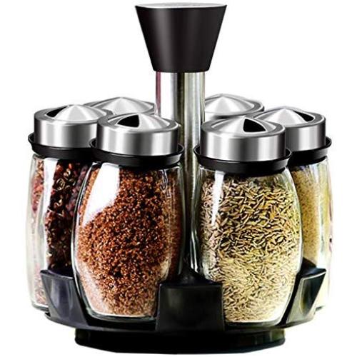 7Pcs/Set Rotating Glass Cruet Condiment Spice Jars Set Salt Pepper Shakers Seasoning Sprays Bottle Kitchen Storage Jar Rack