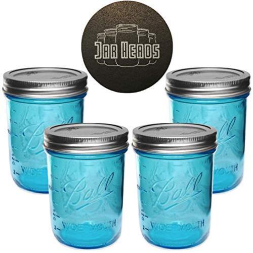 Ball Mason Jars 16 oz Wide Mouth Aqua Blue Colored Glass Bundle with Non Slip Jar Opener- Set of 4 Quart Size Mason Jars - Canning Glass Jars with Airtight Lids