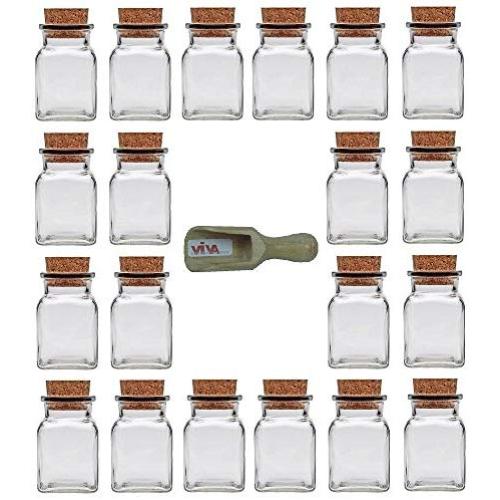 Viva Haushaltswaren 6 Glass Containers 150 ml with Cork Stoppers for Spices, Salt, Gifts, etc and Wooden Spice Scoop, Glass, 150 ml