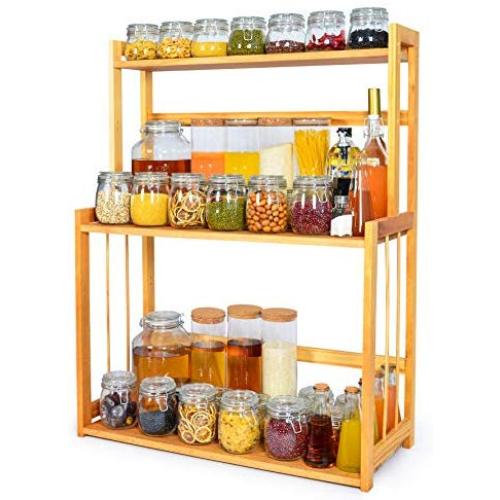 3-Tier Spice Rack Kitchen Bathroom Countertop Storage Organizer Rack, Bamboo Spice Bottle Jars Rack Holder with Adjustable Shelf,100% Natrual Bamboo