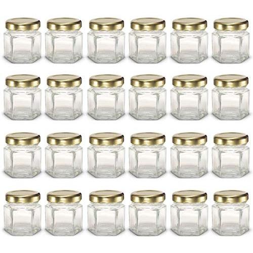 PremiumVials 24 pcs, 1.5 oz Mini Hexagon Glass Jars with Gold Lids, Wedding Favors, Shower Favors, Baby Foods, Canning, spices, Half Pint (24, 1.5 oz Hex w/Gold Lids)