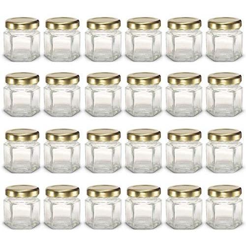 PremiumVials 24 pcs, 1.5 oz Mini Hexagon Glass Jars with Gold Lids, Wedding Favors, Shower Favors, Baby Foods, Canning, spices, Half Pint (24, 1.5 oz Hex w/Gold Lids)