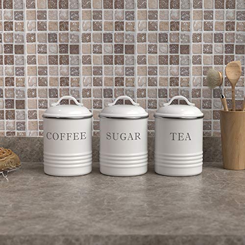 Barnyard Designs Decorative Kitchen Canisters with Lids White Metal Rustic Vintage Farmhouse Country Decor for Sugar Coffee Tea Storage (Set of 3) (4” x 6.75”)