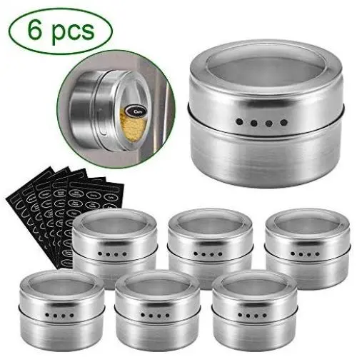 6PCS Magnetische Gewürzbehälter aus Edelstahl mit Aufkleber, Klare Deckel (Sichten oder Gießen), für Kühlschrankgitter