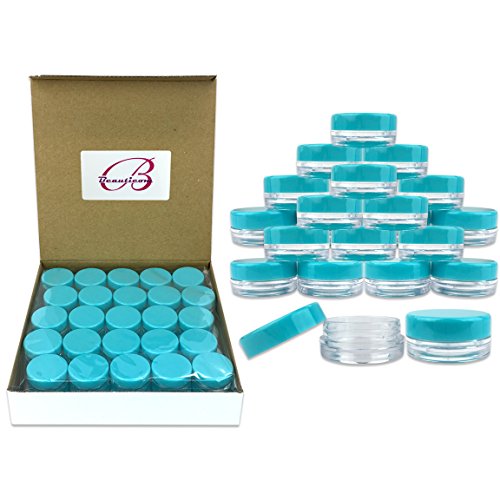 (Quantity: 100 Pieces) Beauticom 3G/3ML Round Clear Jars with TEAL Sky Blue Lids for Scrubs, Oils, Toner, Salves, Creams, Lotions, Makeup Samples, Lip Balms - BPA Free