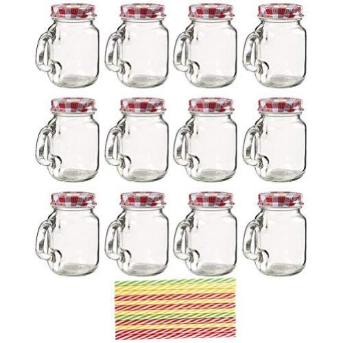 Juvale Mini Glass 4 Ounce Mason Jars with Lids and Straws (12 Pack), 3.5 x 3 x 2 Inches