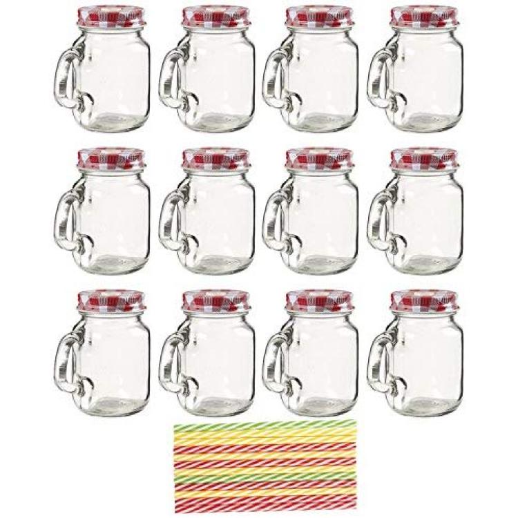 4 Pack x 16 oz Mason Jar Mugs with Handles, Lids, Reusable Straws with  Fruit Patterned Stainless Steel Lids and Straws