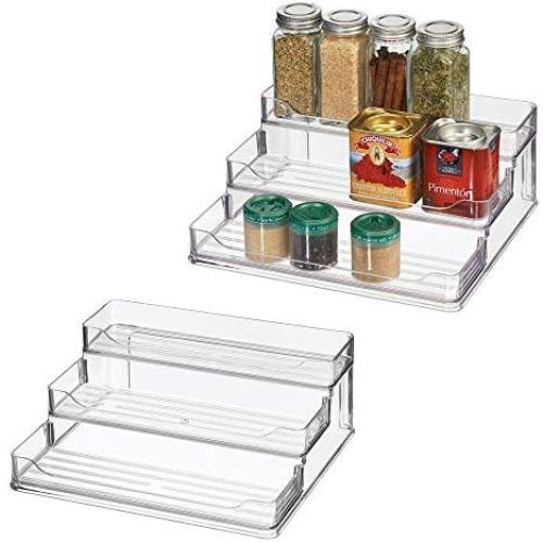 mDesign Plastic Spice and Food Kitchen Cabinet Shelf Organizer - 3 Tier Storage - Modern Compact Caddy Rack - Holds Spices/Herb Bottles, Jars - for Shelves, Cupboards, Refrigerator - 2 Pack - Clear