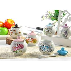 Country Village Retro FlowerLavender Ceramic Sugar Bowl Set Sugar Dispenser with Lid Spoon Salt Pot Pepper Storage Jar Seasoning Pot Container Box Condiment Spice Racks Holder for Kitchen