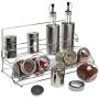 Stainless Steel Condiment Set with 2 Oil Cruets, 3 Spice Shakers, 5 Glass Canister Jars, and Chrome Rack