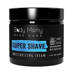 Body Merry Super Shave Moisturizing Cream: Hydrating shaving cream for men w Natural Shea & Peppermint + Olive Oil to protect/soothe dry, sensitive skin & combat razor bumps + irritation