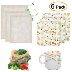 Wrap Food Storage Kit,Include 3Pcs Beeswax Food Wrap 3Pcs Cotton Mesh Bags,Eco-Friendly Washable, Food Cover