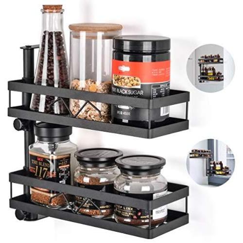 Spice Rack Organizer for Kitchen, Door Mount, Wall Mounted - Set of 2 Tiered Hanging Shelf for Spice Jars - Storage in Cupboard, Kitchen or Pantry - Bathroom Shower Storage Corner Pole Black