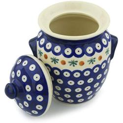 Polish Pottery 6?-inch Jar with Lid and Handles (Mosquito Theme) + Certificate of Authenticity