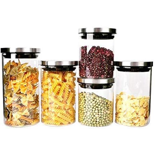 Triangle Stackable Glass Food Storage Containers with Stainless Steel Airtight Lid, Set of 5, Glass Storage Jar for Pasta, Tea, Coffee, Cookies, Snacks