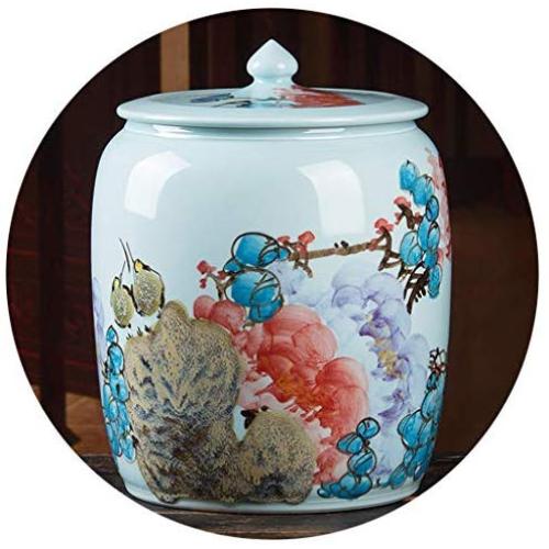 Food Jars & Crocks Storage Rice Bucket Household Kitchen Ceramic Rice Cylinder Hand-painted With Lid Storage Tank Moisture-proof Insect-proof Flour Cylinder 15kg 25kg (Color : A, Size : 38x28cm)