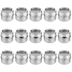 15 Magnetic Spice Tins with Strong Clear Top Lid. Stainless Steel Round Storage Spice Jar, Shake or Pour lid, Magnetic Canisters, Magnetic on Refrigerator and Grill. Set of 15 Tins.