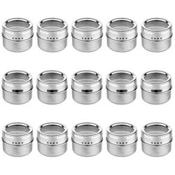 15 Magnetic Spice Tins with Strong Clear Top Lid. Stainless Steel Round Storage Spice Jar, Shake or Pour lid, Magnetic Canisters, Magnetic on Refrigerator and Grill. Set of 15 Tins.