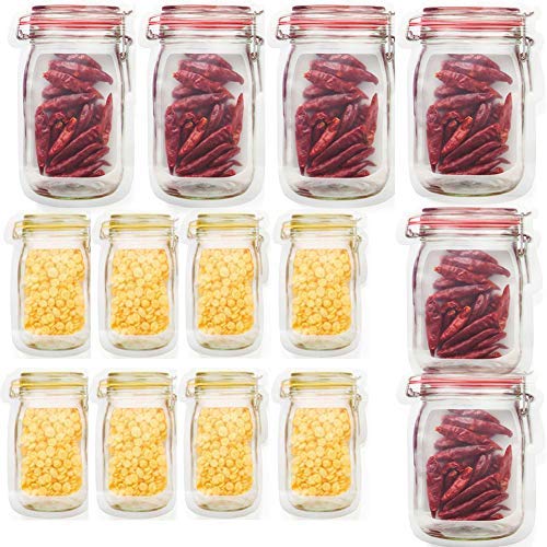 Mason Jar Zipper Bags Stand-Up Food Storage Snack Sandwich Ziplock Bags Reusable Airtight Seal Food Storage Bags Leakproof Food Saver Bags (6 x Large + 8 x Small)