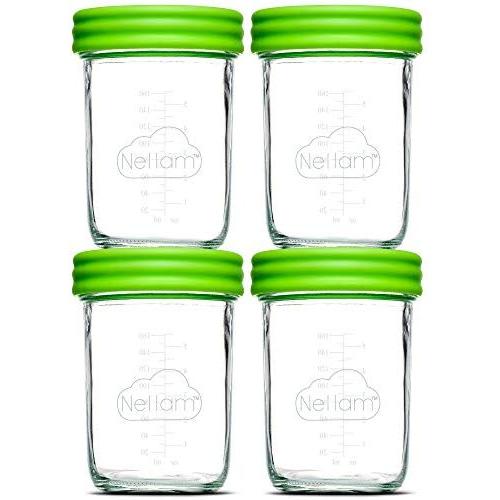 Nellam Baby Food Storage Containers - Leakproof, Airtight, Glass Jars for Freezing & Homemade Babyfood Prep - Reusable, BPA Free, Microwave & Freezer Safe (4x8oz, Green)