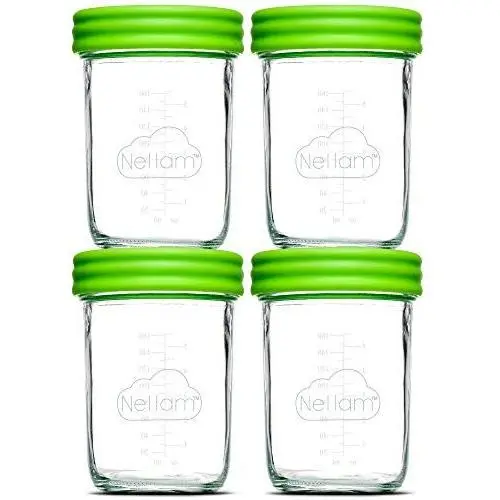 Nellam Baby Food Storage Containers - Leakproof, Airtight, Glass Jars for Freezing & Homemade Babyfood Prep - Reusable, BPA Free, Microwave & Freezer Safe (4x8oz, Green) Nellam Baby Food Storage Containers - Leakproof, Airtight, Glass Jars for Freezing & Homemade Babyfood Prep - Reusable, BPA Free, Microwave & Freezer Safe (4x8oz, Green)