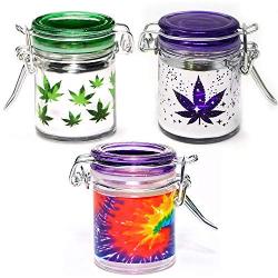 Airtight Glass Herb Mini Stash Jar Set of 3 - Pot Leaf, Tie Dye, and Purple Leaf Galaxy Metallic Silver Designs, 1.5oz, 2.5 Inches