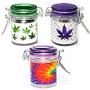 Airtight Glass Herb Mini Stash Jar Set of 3 - Pot Leaf, Tie Dye, and Purple Leaf Galaxy Metallic Silver Designs, 1.5oz, 2.5 Inches