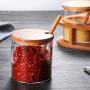 TNKML Glass Seasoning Jar Condiment Seasoning Jar Glass Seasoning Container, Spoon With Wooden Lid Storage Jar, Used For Kitchen Tea Coffee Sugar Salt