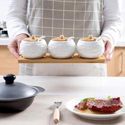 TNKML Ceramic Spice Jar Storage Jar Household Spice Jars Bamboo Tray Spice Jar Sugar Can Salter Kitchenware Spice Container-A
