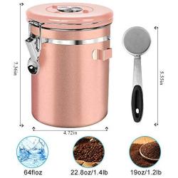 Airtight Coffee Container, Stainless Steel Coffee Canister with Date Tracker, CO2-Release Valve and Measuring Scoop - Fresher Beans and Grounds Coffee, Tea, Flour, Cereal, Sugar, Large 22 oz/Rose Gold