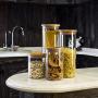 STACK UP Transparent Food Storage Canister - Safe Clear Borosilicate Glass Jar with Wooden Lid - Perfect Container for Kitchen Organization - Keeps Food Dry and Fresh - Cylinder, Capacity 27.1 fl oz.