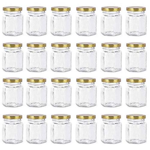 24 Pack Hexagon 3 oz 90 ml Mini Glass Canning Jars Jam Jars with Lids for Sauce,Honey,Candies,Baby Foods,Wedding,DIY Magnetic Spice Jars（Comes with gold lids）