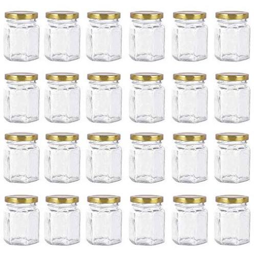 24 Pack Hexagon 3 oz 90 ml Mini Glass Canning Jars Jam Jars with Lids for Sauce,Honey,Candies,Baby Foods,Wedding,DIY Magnetic Spice Jars（Comes with gold lids）