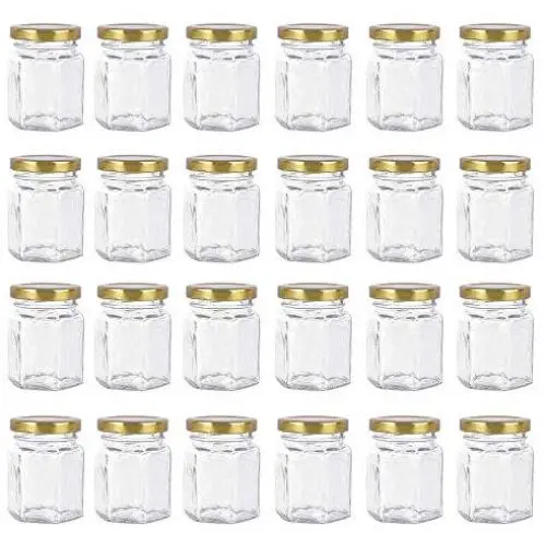 24 Pack Hexagon 3 oz 90 ml Mini Glass Canning Jars Jam Jars with Lids for Sauce,Honey,Candies,Baby Foods,Wedding,DIY Magnetic Spice Jars（Comes with gold lids）