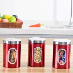 3pcs StainlessXH Steel Window Canister Tea Coffee Sugar Nuts Jar Storage Set (Red)