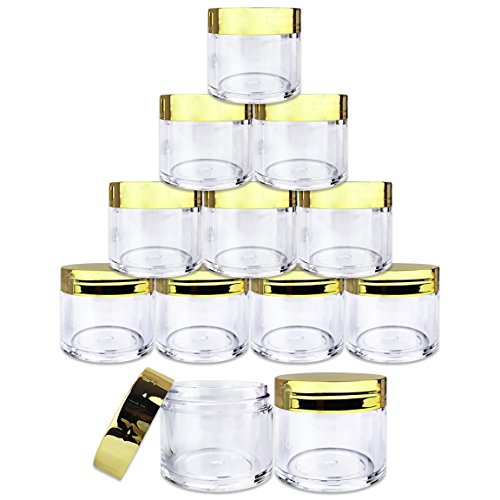 Beauticom 12 Pieces 30G/30ML(1 Oz) Round Clear Jars with Metallic GOLD Flat Top Lids for Herbs, Spices, Loose Leaf Teas, Coffee & Other Foods- BPA Free